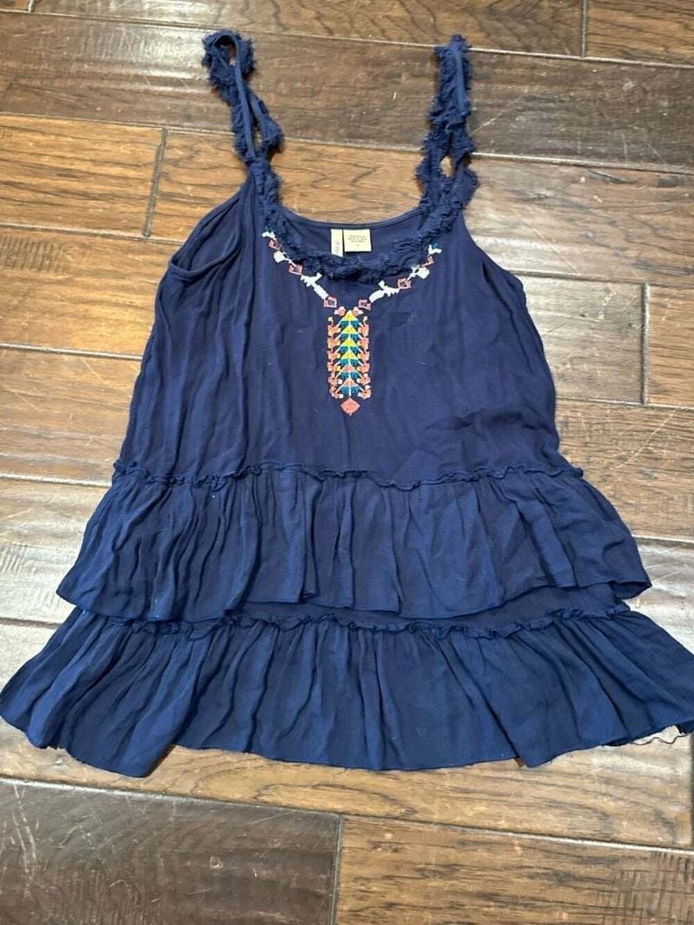 Passport Navy Blue Embroidered Tiered Ruffle Tank Top Size L